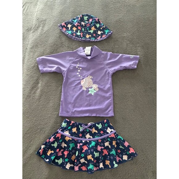 Toddler Girls Purple Rash Guard Set With Skirt & Hat Sea Turtle Print - Picture 2 of 12